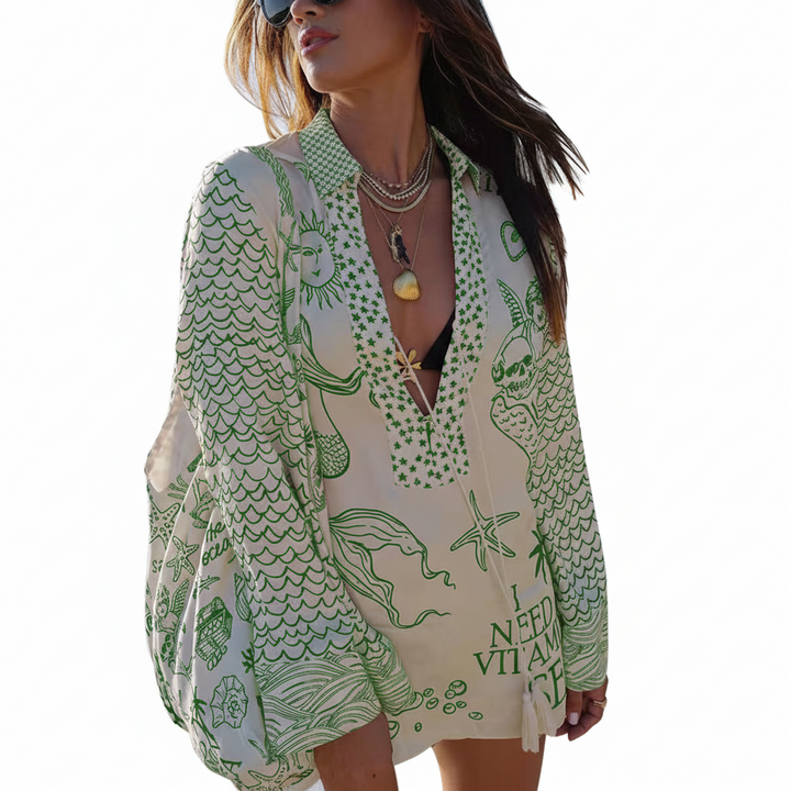 FALUVA Adra Two-Piece Set - Satin V-Neck & Shorts Green