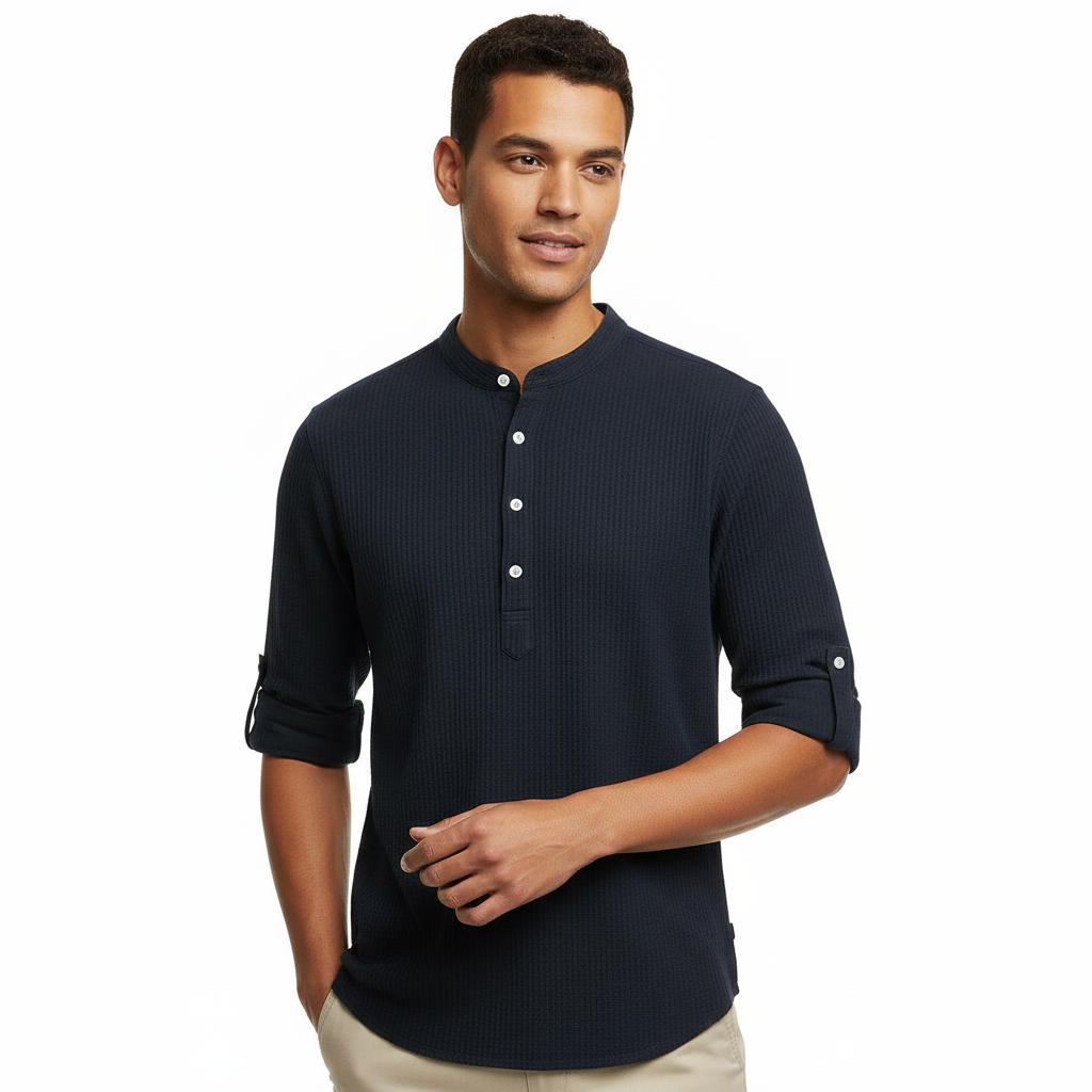 FALUVA Arthur Henley Shirt - Luxury Breathable Knit Navy
