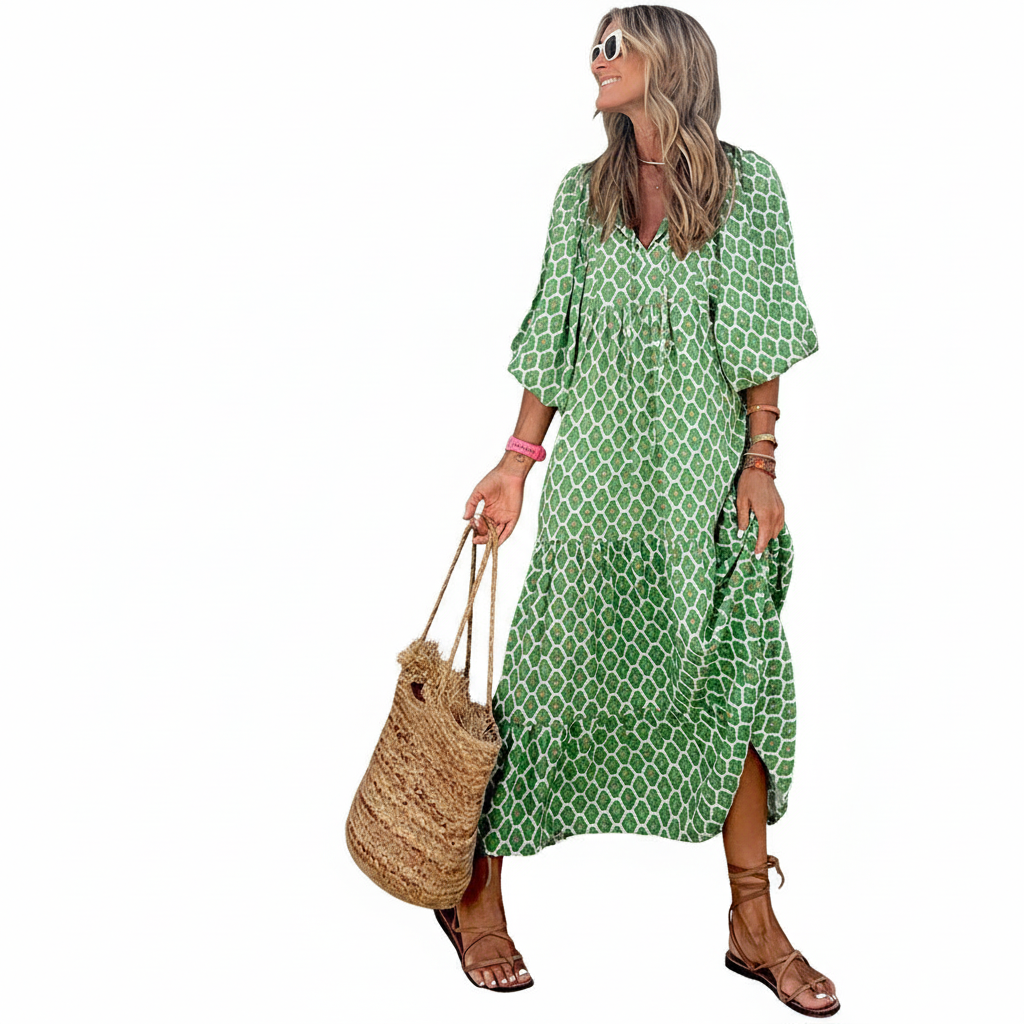 FALUVA Deu Tiered Midi Dress - Puff Sleeve Green