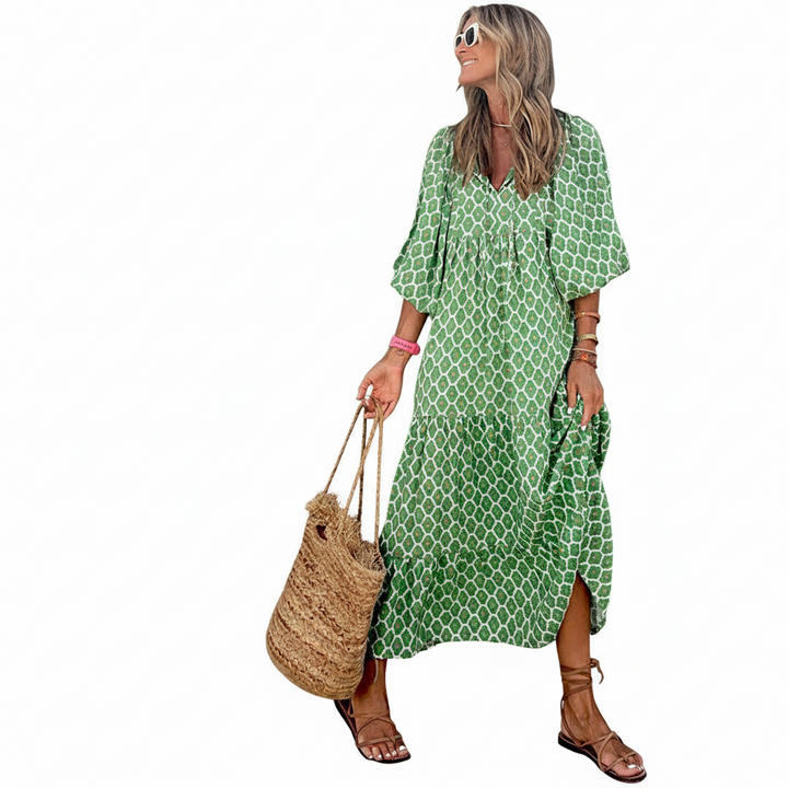 FALUVA Deu Tiered Midi Dress - Puff Sleeve Green