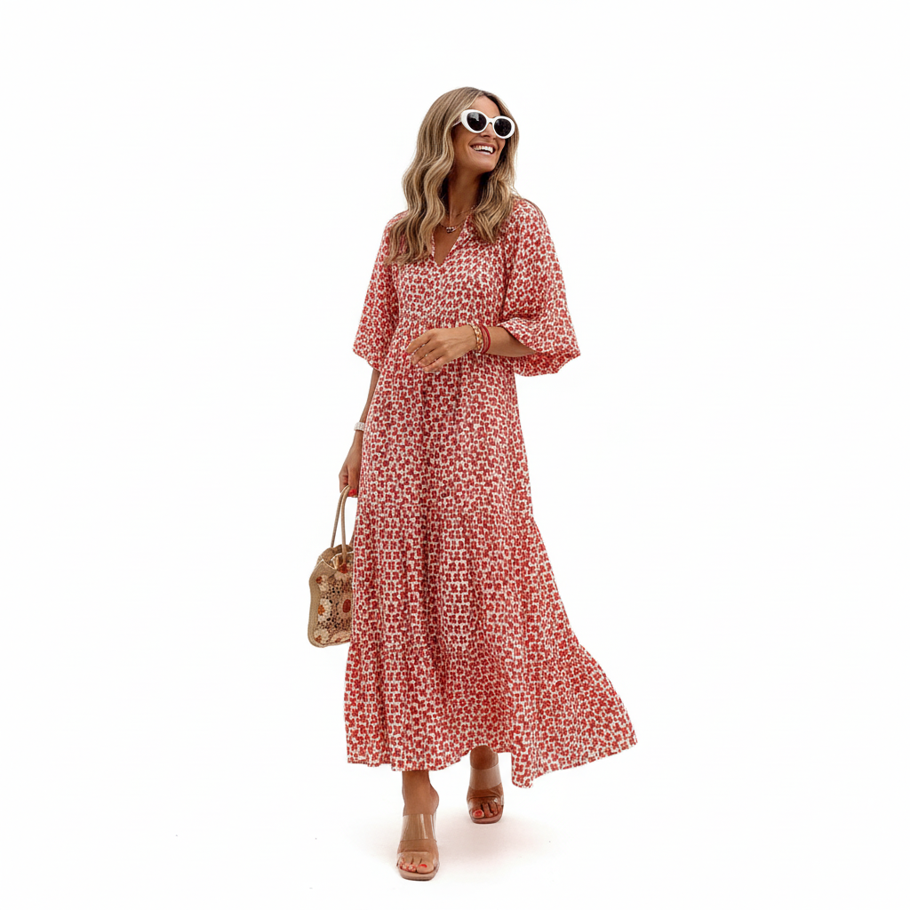 FALUVA Deu Tiered Midi Dress - Puff Sleeve Red