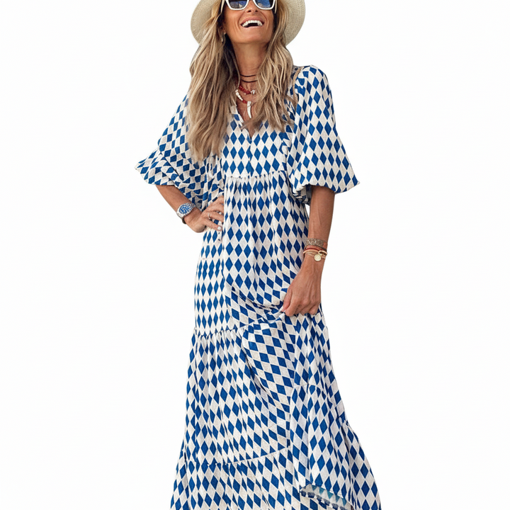 FALUVA Deu Tiered Midi Dress - Puff Sleeve Blue