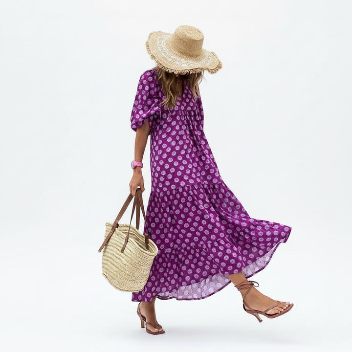 FALUVA Deu Tiered Midi Dress - Puff Sleeve Purple