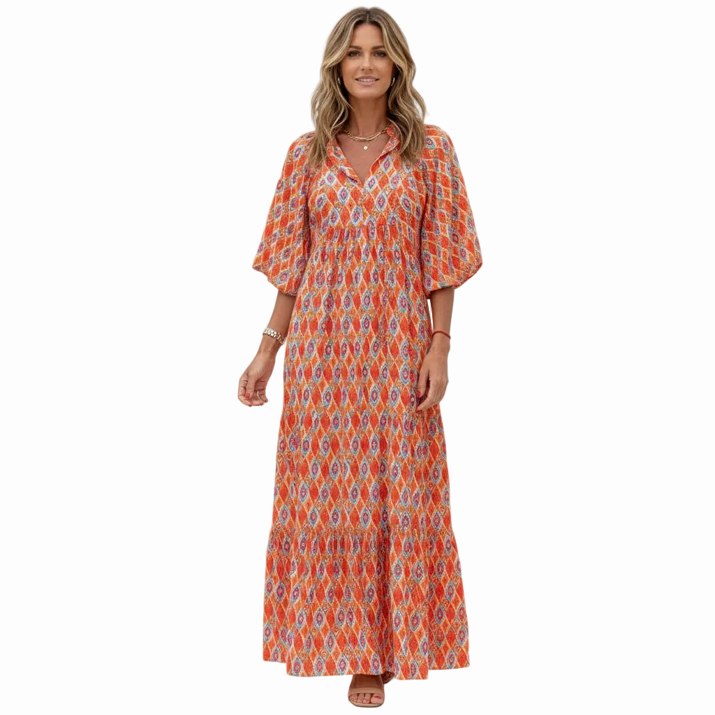 FALUVA Deu Tiered Midi Dress - Puff Sleeve Orange