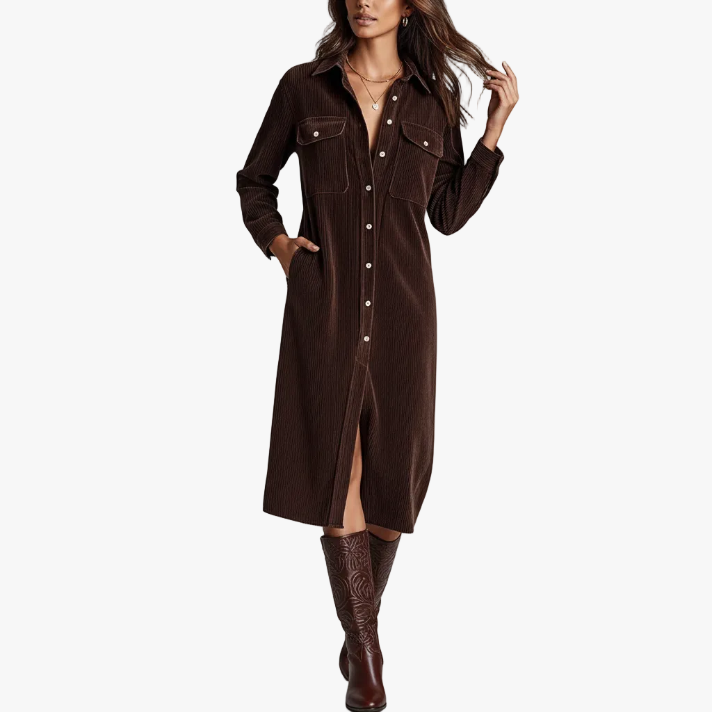 FALUVA Elara Corduroy Midi Dress Dark Brown