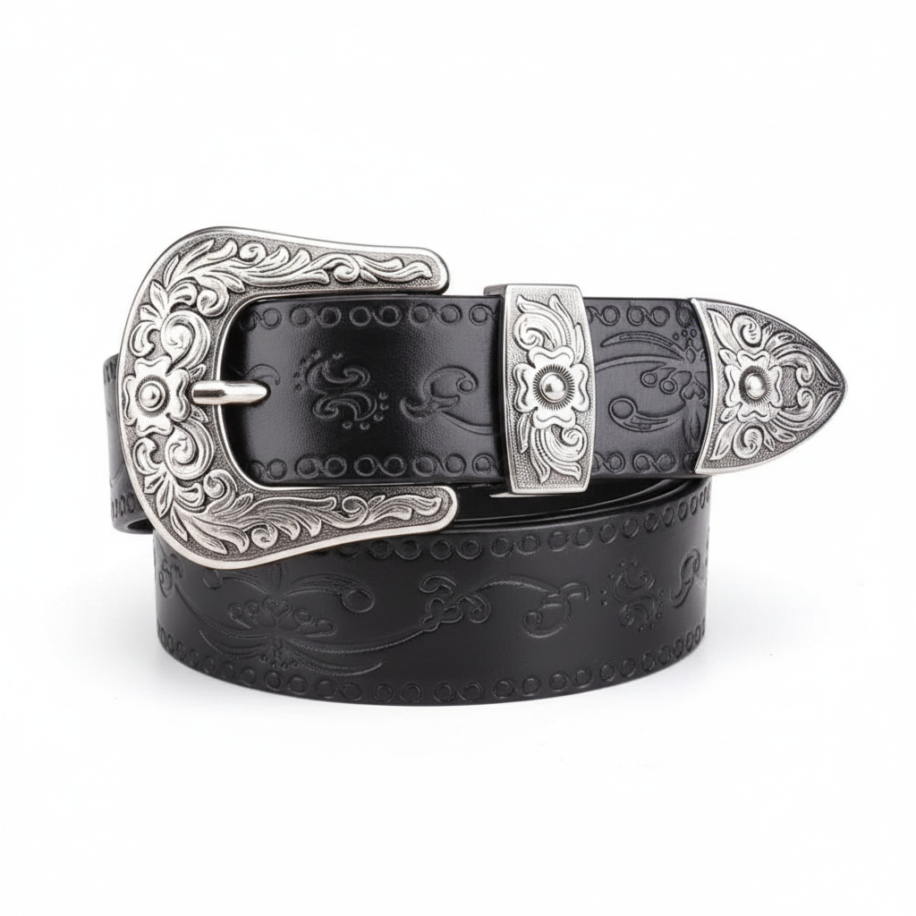 FALUVA Elias Leather Belt - Western Cross & Crown Black