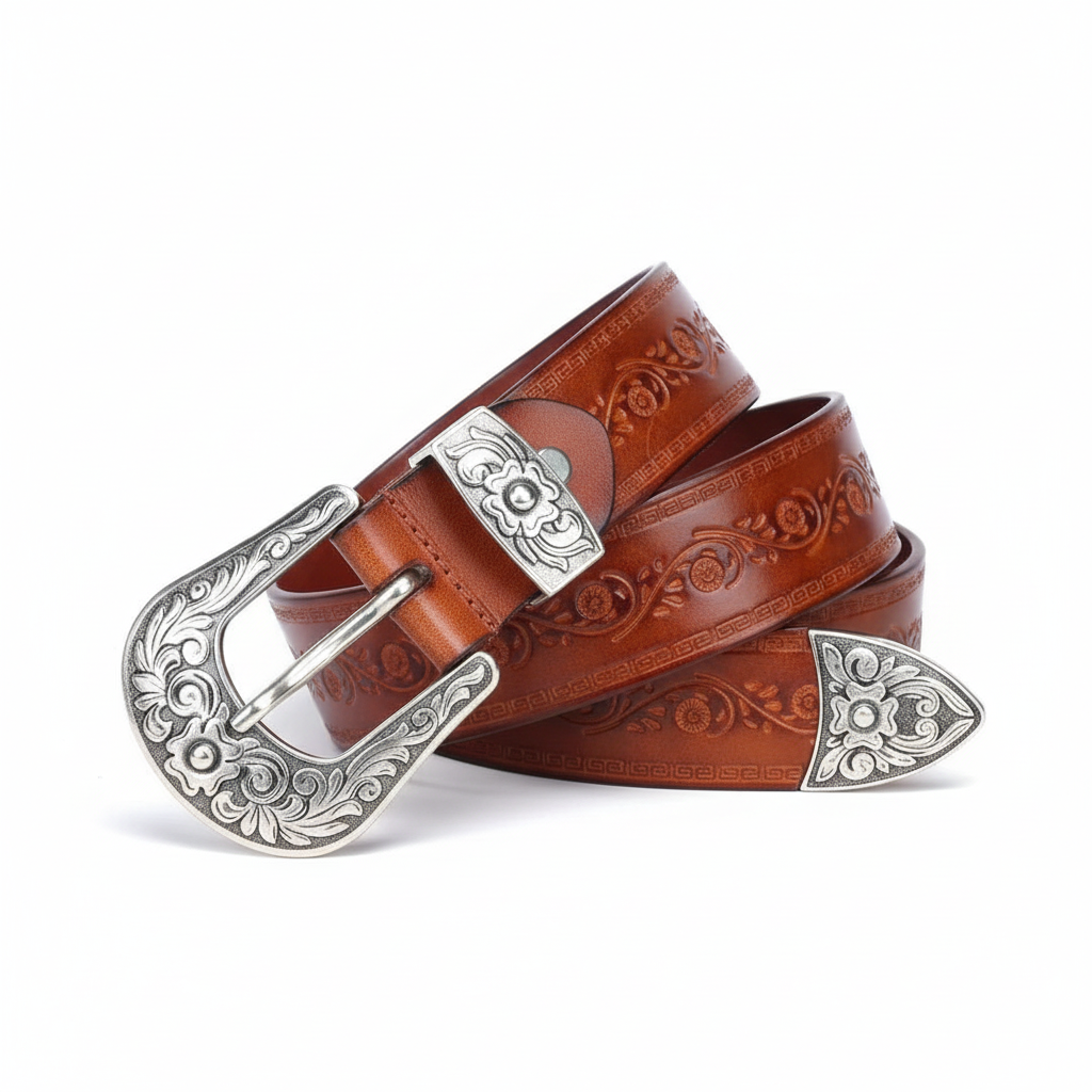 FALUVA Elias Leather Belt - Western Cross & Crown Brown
