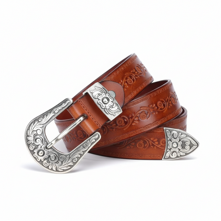 FALUVA Elias Leather Belt - Western Cross & Crown Brown