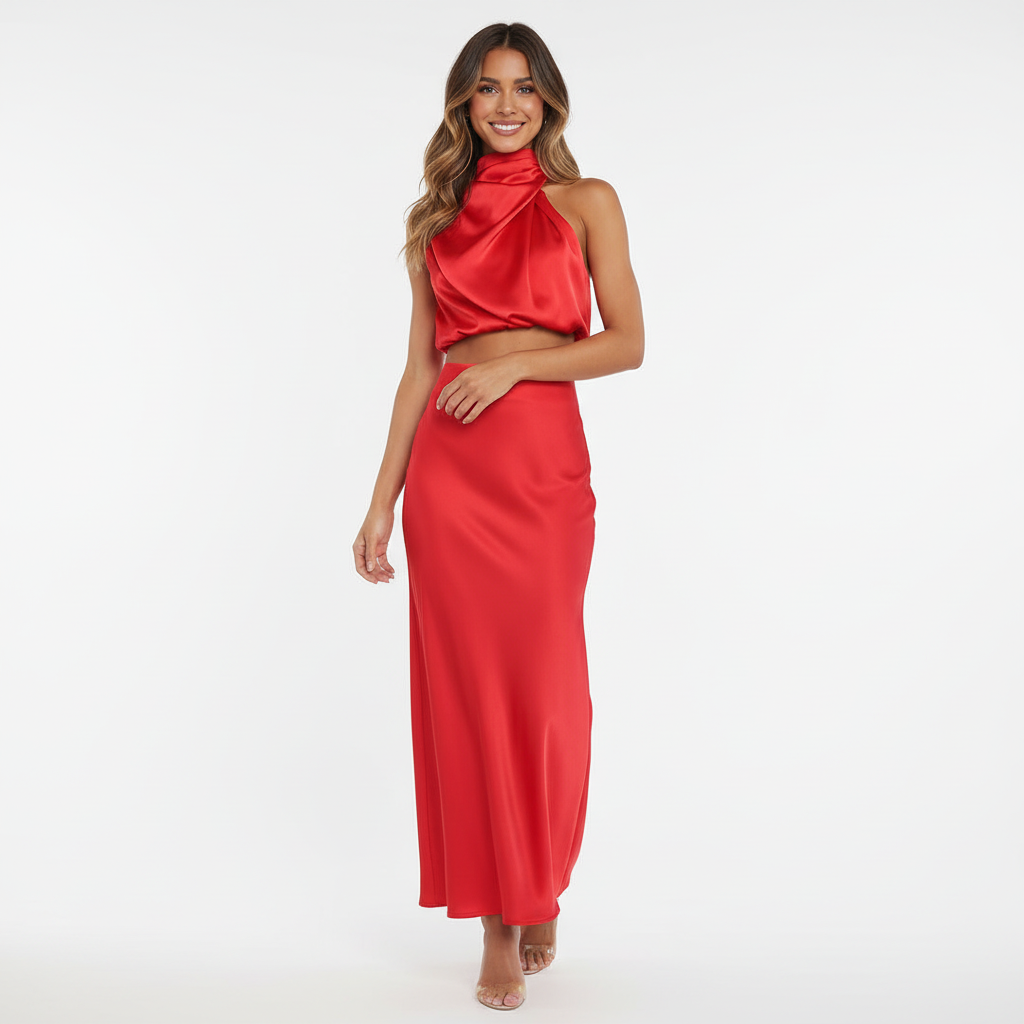 FALUVA Ezi Satin Maxi Skirt Set - High Neck Drape Red