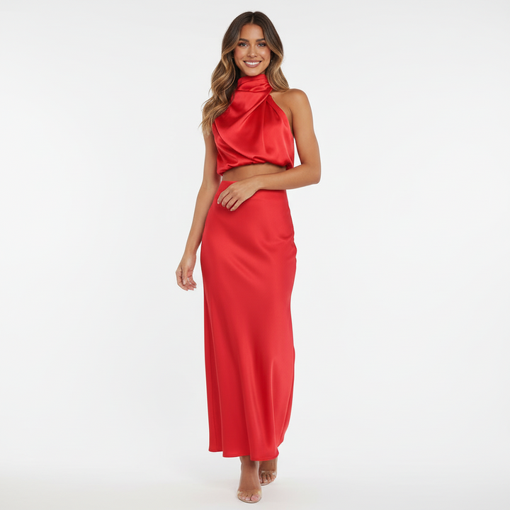 FALUVA Ezi Satin Maxi Skirt Set - High Neck Drape Red
