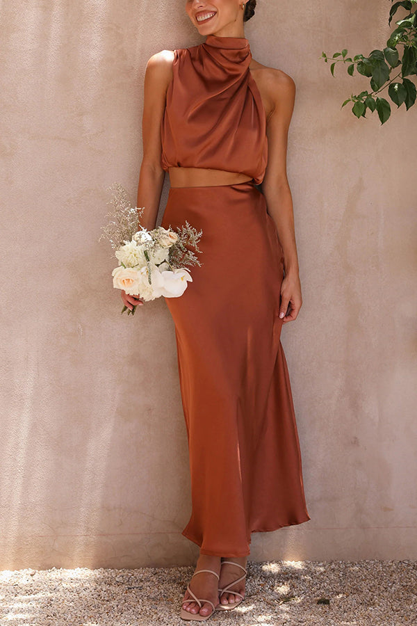 FALUVA Ezi Satin Maxi Skirt Set - High Neck Drape