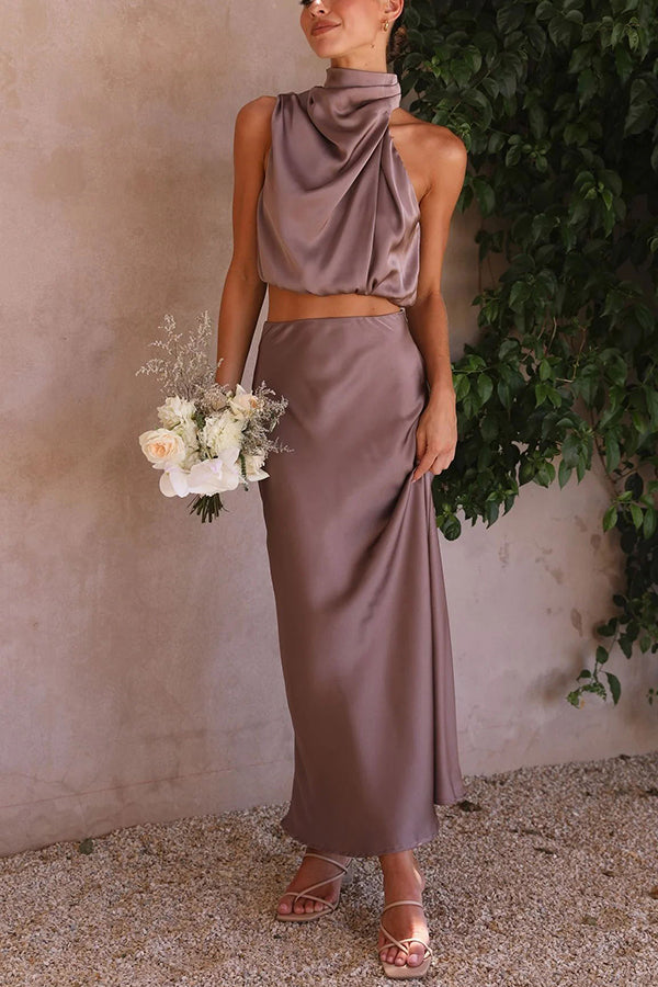 FALUVA Ezi Satin Maxi Skirt Set - High Neck Drape