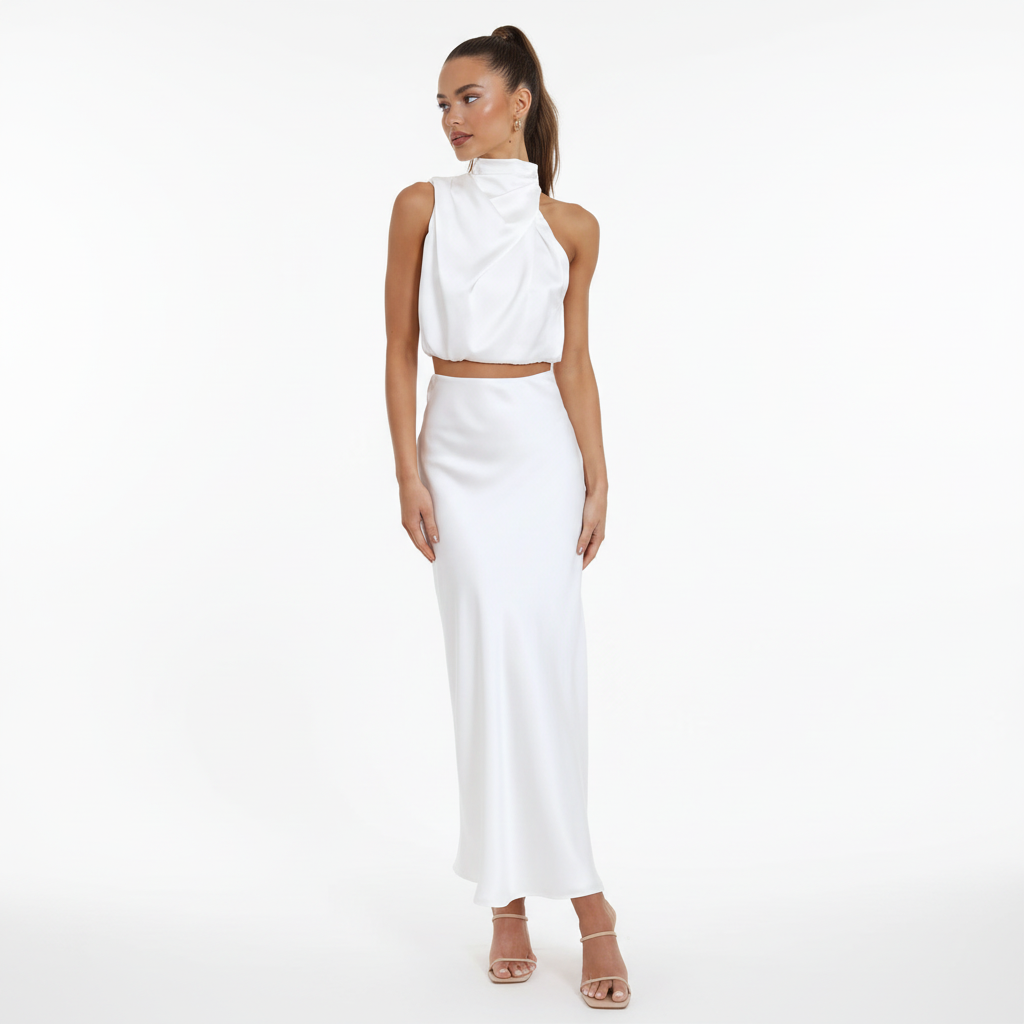 FALUVA Ezi Satin Maxi Skirt Set - High Neck Drape White