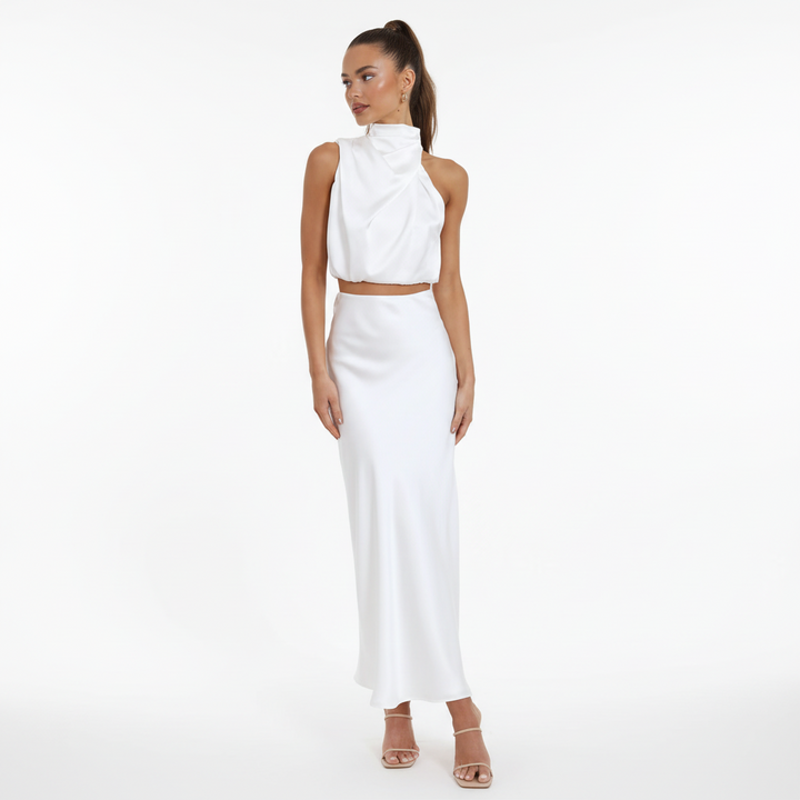 FALUVA Ezi Satin Maxi Skirt Set - High Neck Drape White