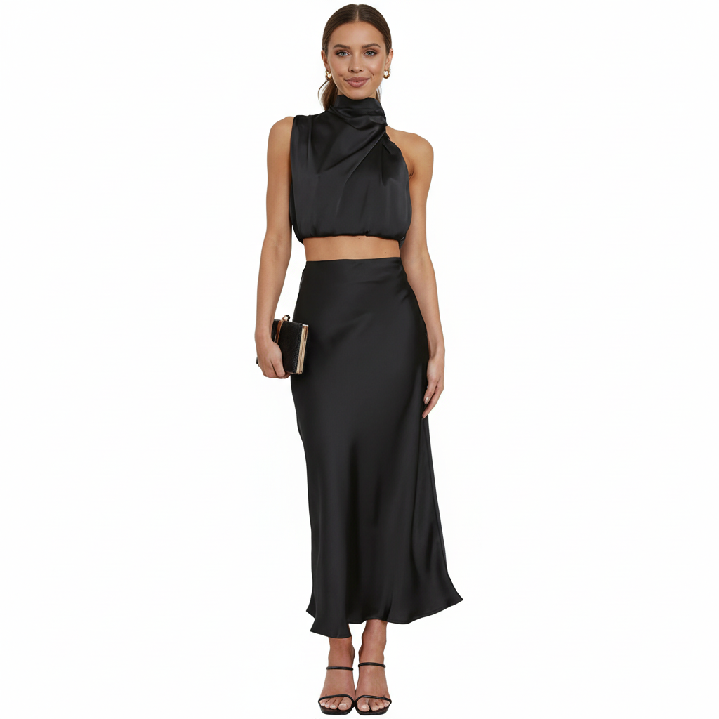 FALUVA Ezi Satin Maxi Skirt Set - High Neck Drape Black