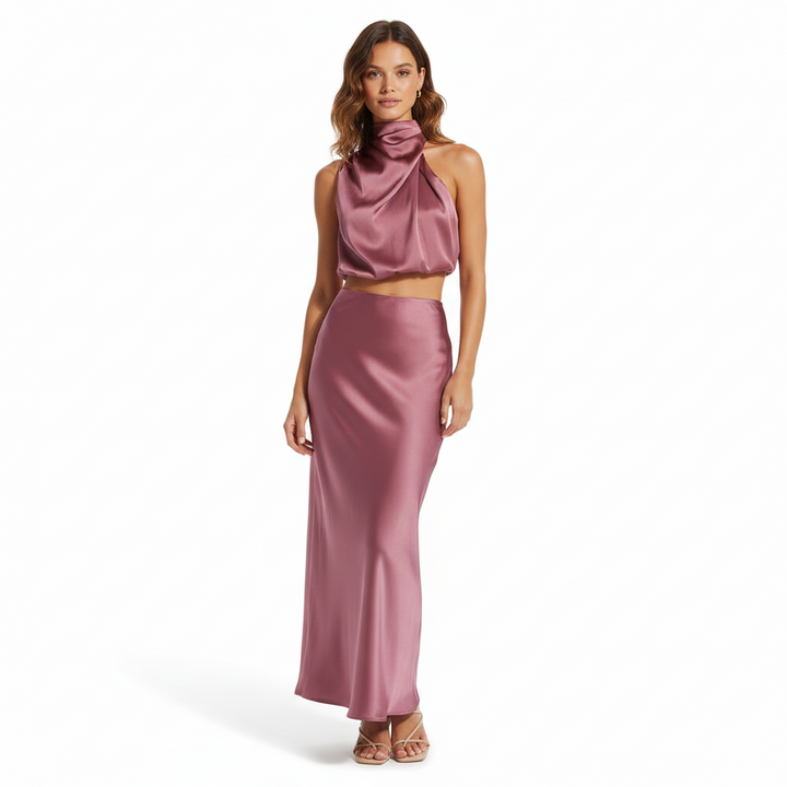 FALUVA Ezi Satin Maxi Skirt Set - High Neck Drape Pink