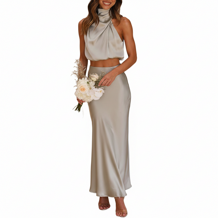 FALUVA Ezi Satin Maxi Skirt Set - High Neck Drape Olive