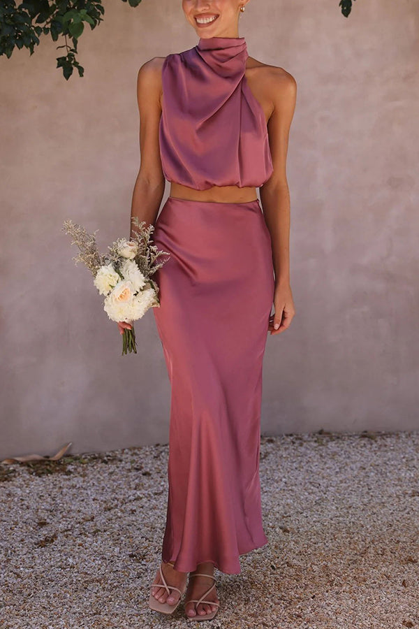 FALUVA Ezi Satin Maxi Skirt Set - High Neck Drape