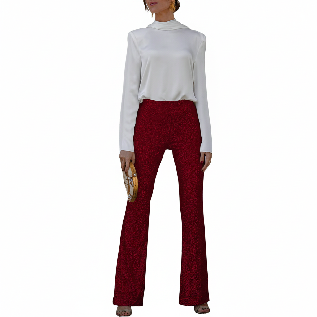 FALUVA Kiara Sequin Flare Pants Wine Red