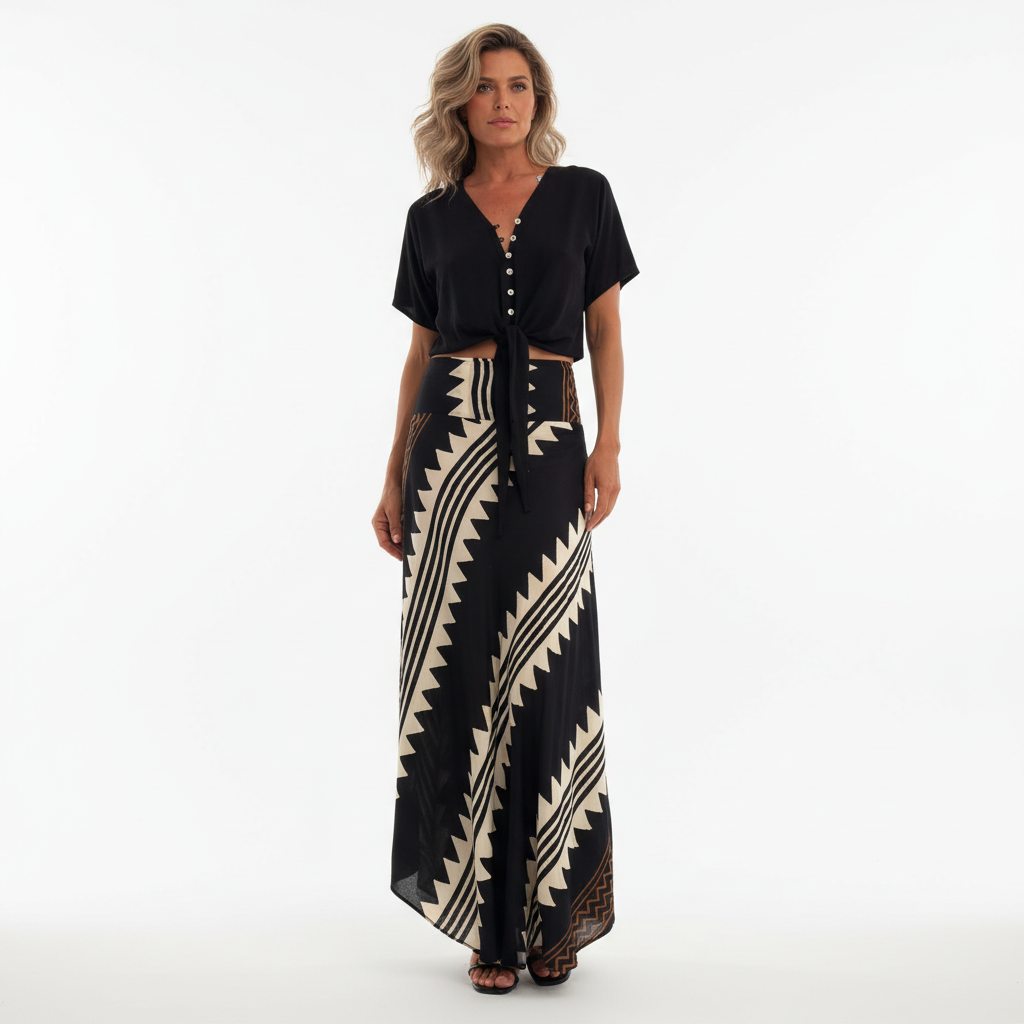 FALUVA Lia Satin Maxi Skirt - Geometric Print Black