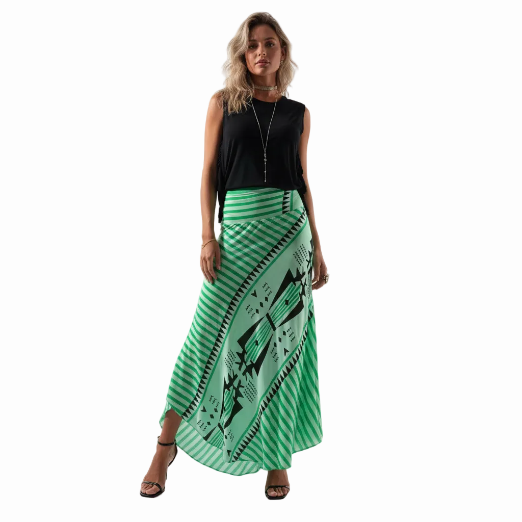 FALUVA Lia Satin Maxi Skirt - Geometric Print Green