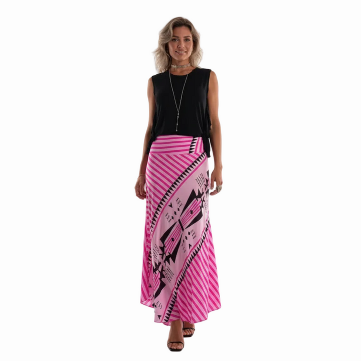 FALUVA Lia Satin Maxi Skirt - Geometric Print Pink