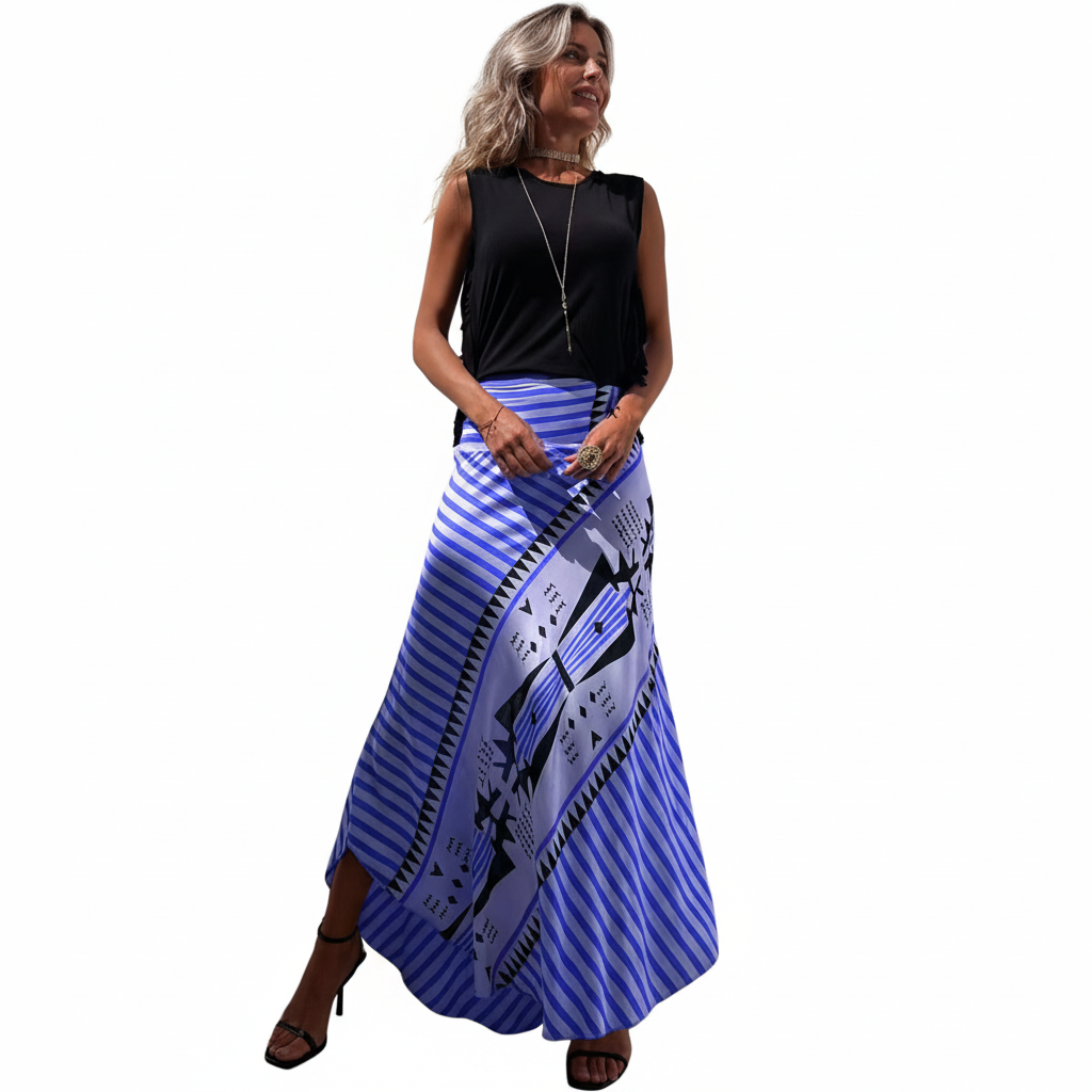 FALUVA Lia Satin Maxi Skirt - Geometric Print Blue