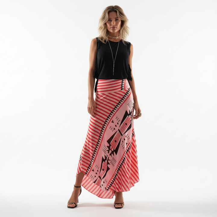 FALUVA Lia Satin Maxi Skirt - Geometric Print Red