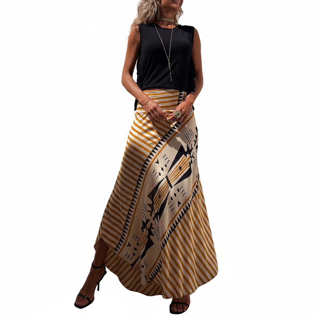 FALUVA Lia Satin Maxi Skirt - Geometric Print Yellow