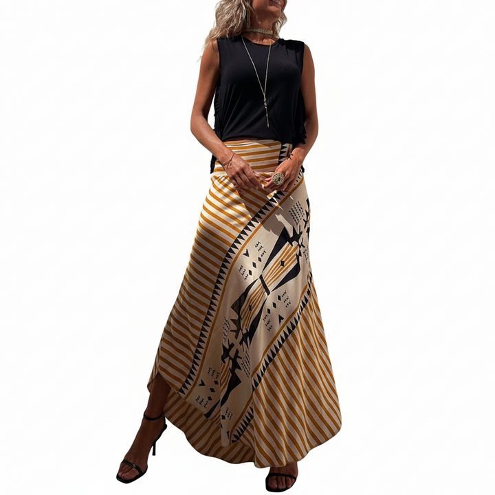 FALUVA Lia Satin Maxi Skirt - Geometric Print Yellow