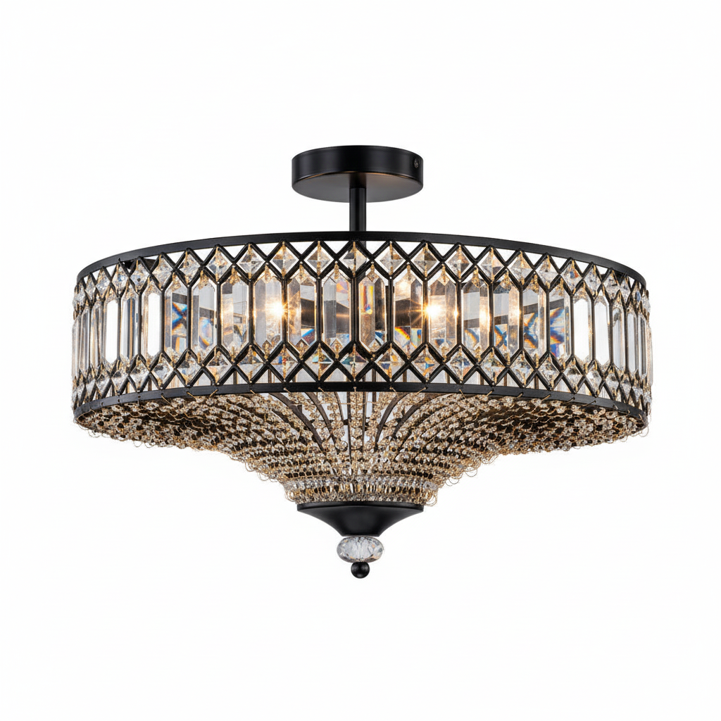 FALUVA Luca Carved Crystal Drum Semi Flush Mount Black