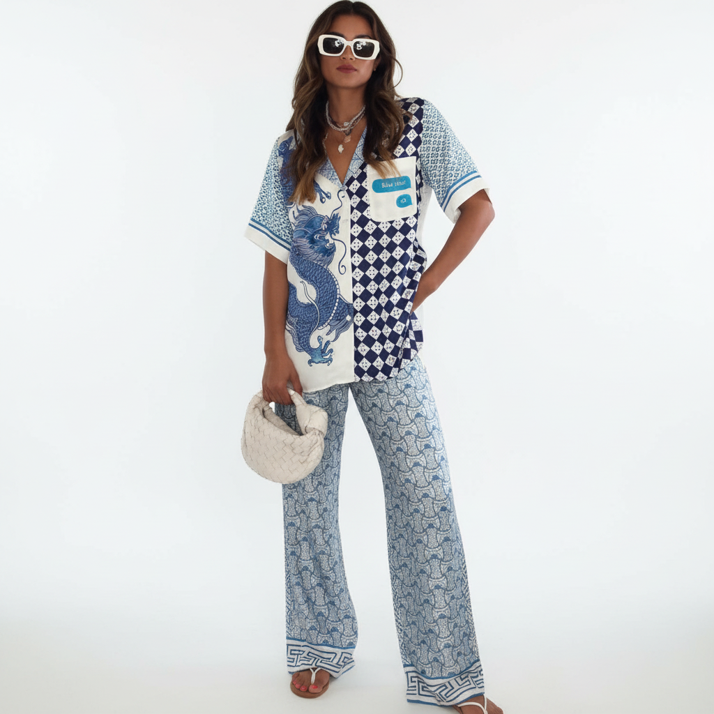 FALUVA Luy Silk Satin Set - Dragon Print Short Sleeve Blue