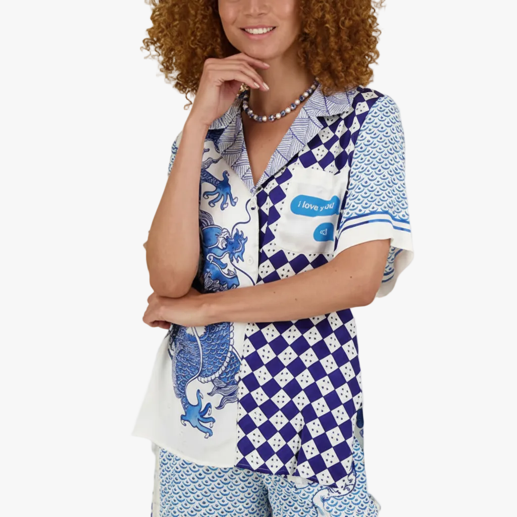 FALUVA Luy Silk Satin Set - Dragon Print Short Sleeve