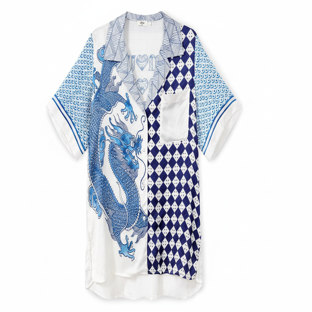 FALUVA Luy Silk Satin Set - Dragon Print Short Sleeve