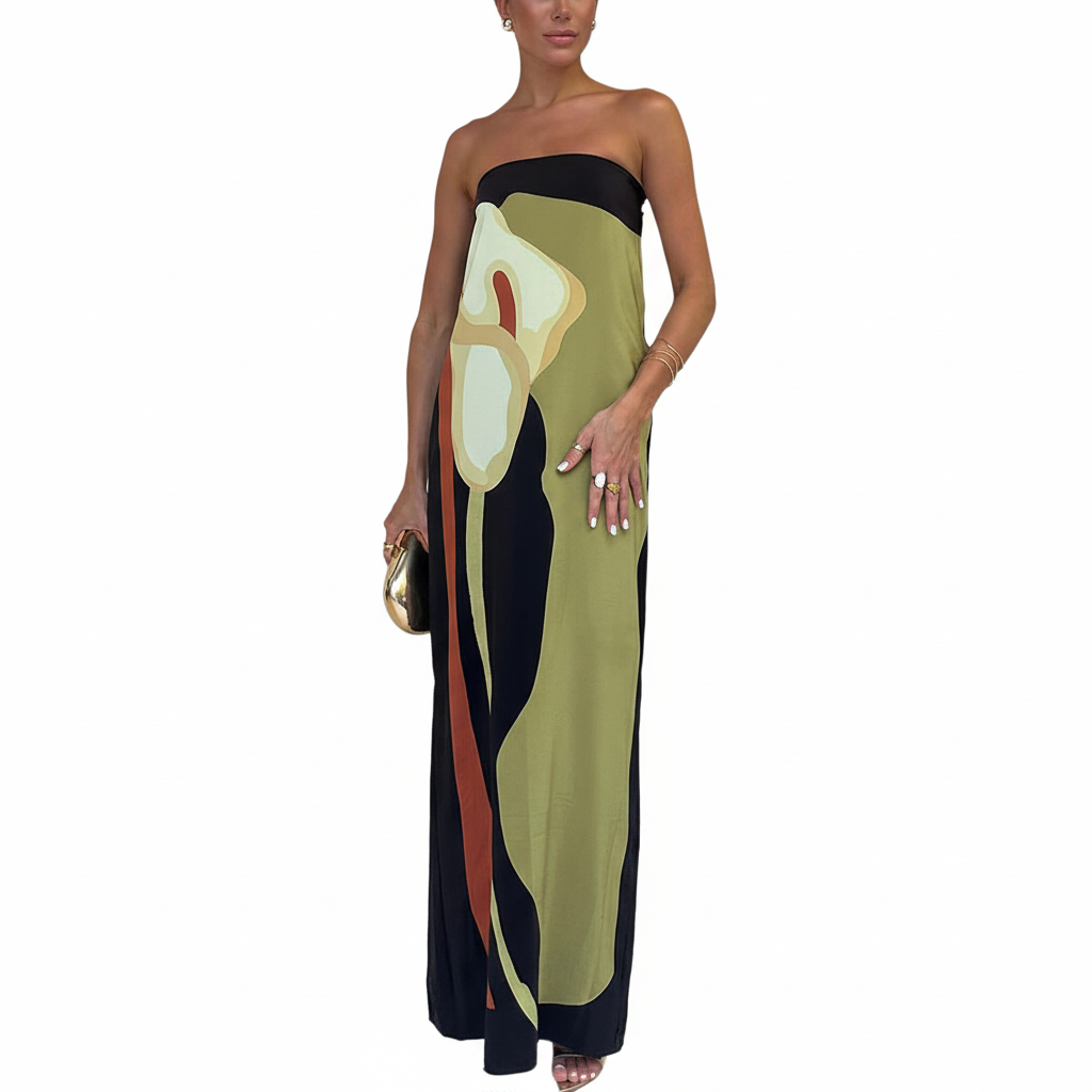 FALUVA Lyra Maxi Dress - Off-Shoulder Abstract Floral Green