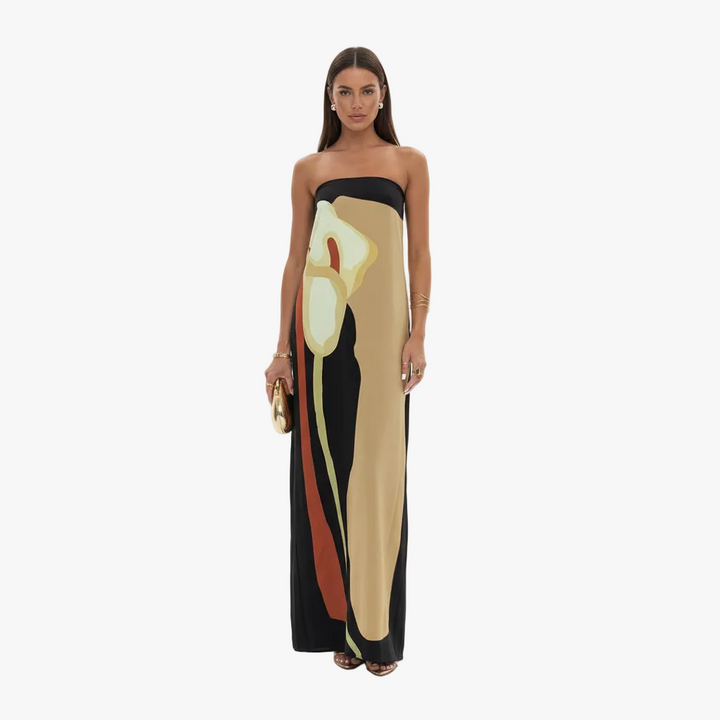 FALUVA Lyra Maxi Dress - Off-Shoulder Abstract Floral Beige