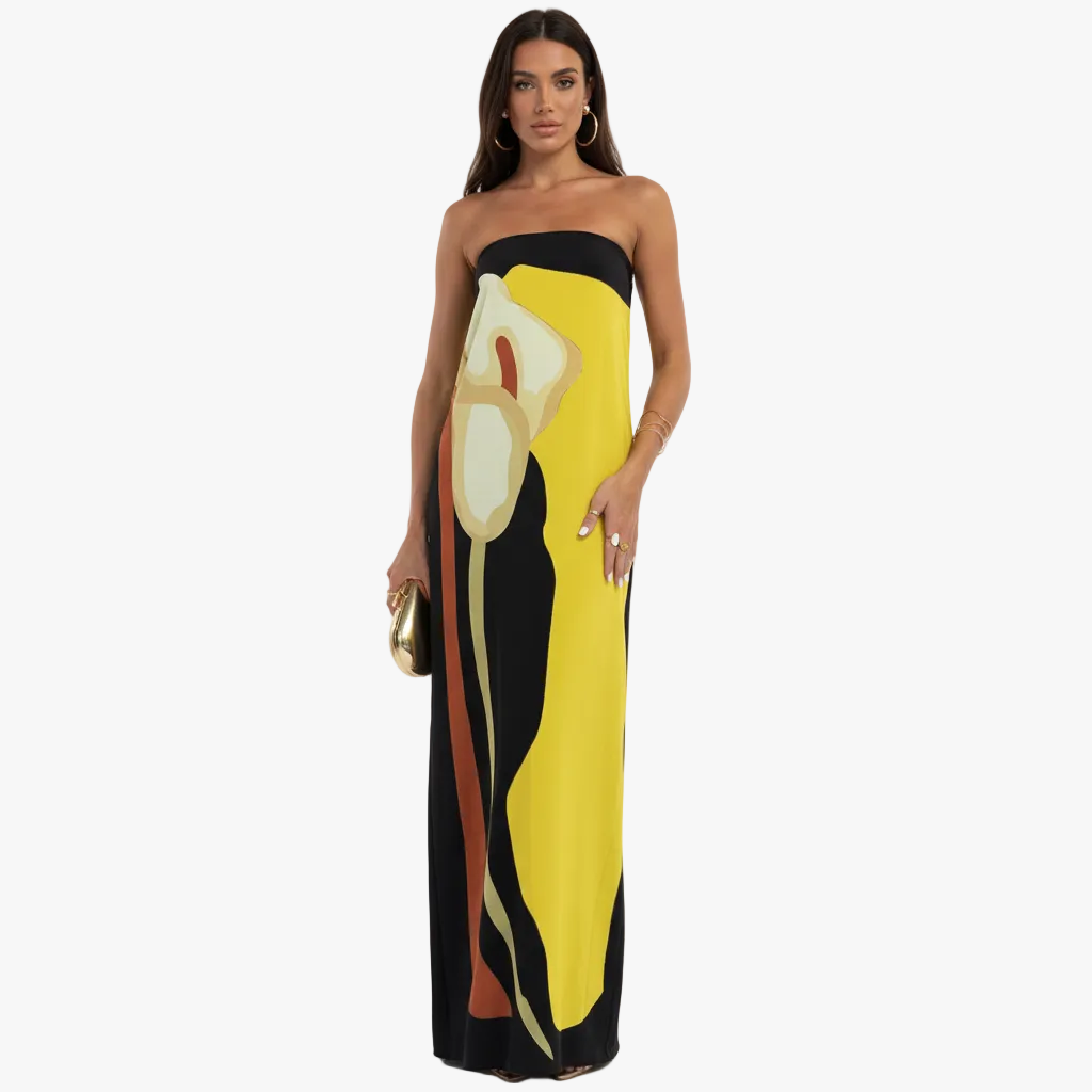 FALUVA Lyra Maxi Dress - Off-Shoulder Abstract Floral Yellow