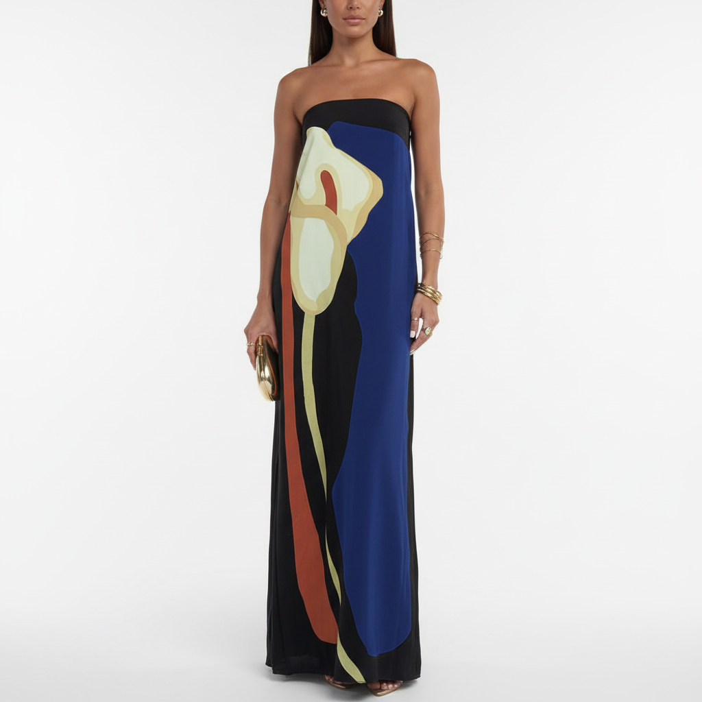 FALUVA Lyra Maxi Dress - Off-Shoulder Abstract Floral Blue