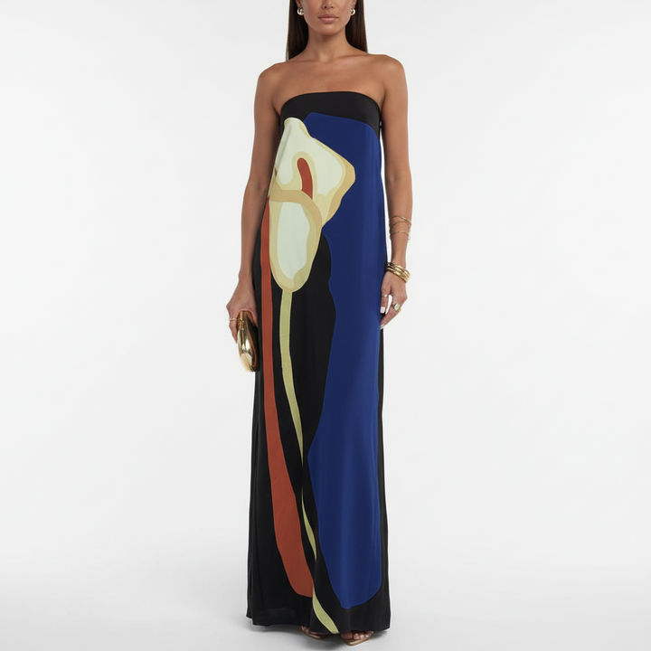 FALUVA Lyra Maxi Dress - Off-Shoulder Abstract Floral Blue