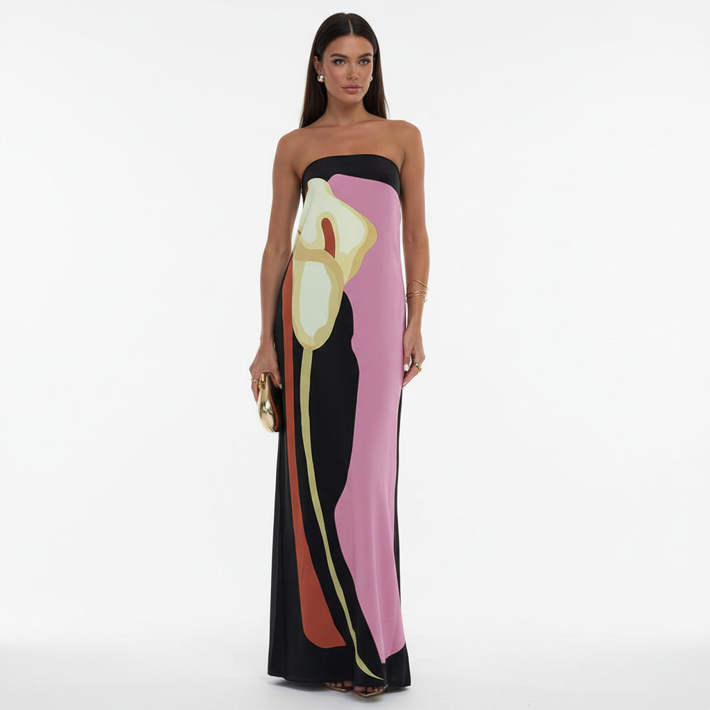 FALUVA Lyra Maxi Dress - Off-Shoulder Abstract Floral Pink