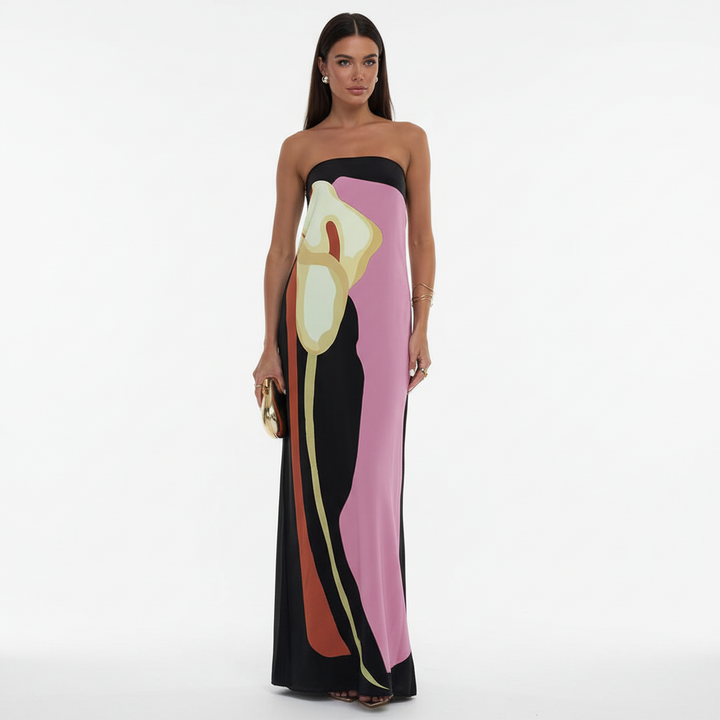 FALUVA Lyra Maxi Dress - Off-Shoulder Abstract Floral Pink