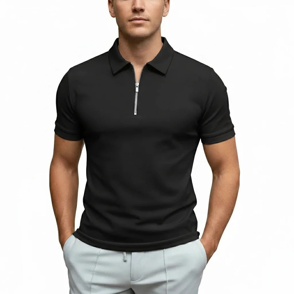 FALUVA Men's Fitted Zip Collar Short Sleeve Polo Shirt Black