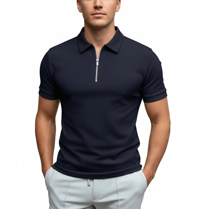FALUVA Men's Fitted Zip Collar Short Sleeve Polo Shirt Blue