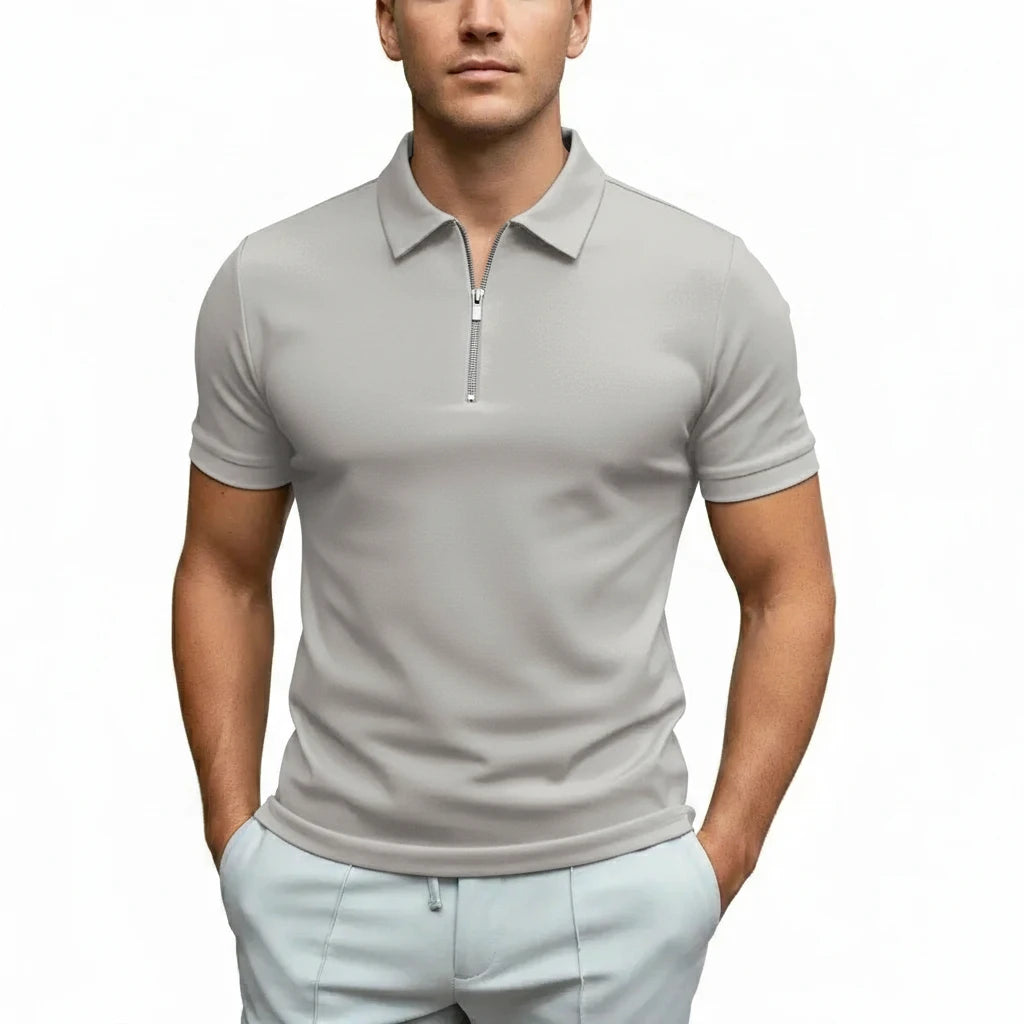 FALUVA Men's Fitted Zip Collar Short Sleeve Polo Shirt Gray