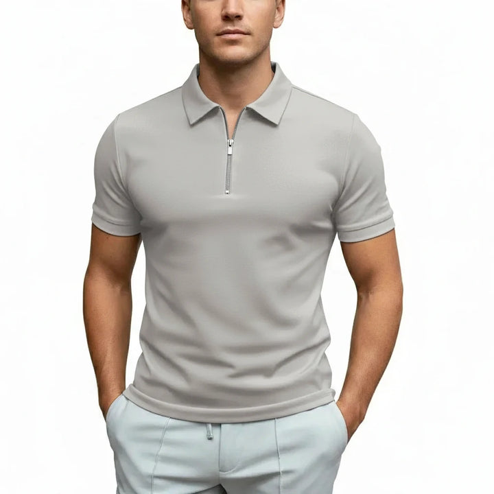 FALUVA Men's Fitted Zip Collar Short Sleeve Polo Shirt Gray