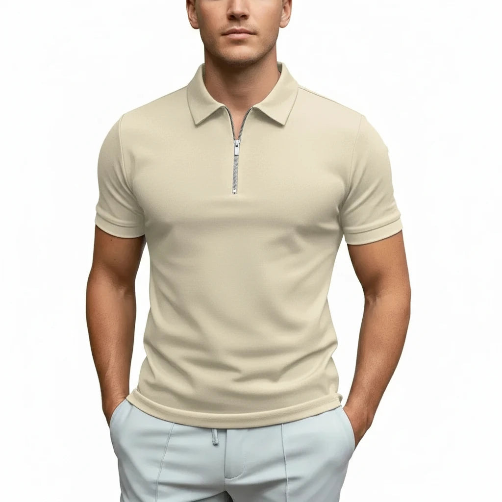 FALUVA Men's Fitted Zip Collar Short Sleeve Polo Shirt Beige