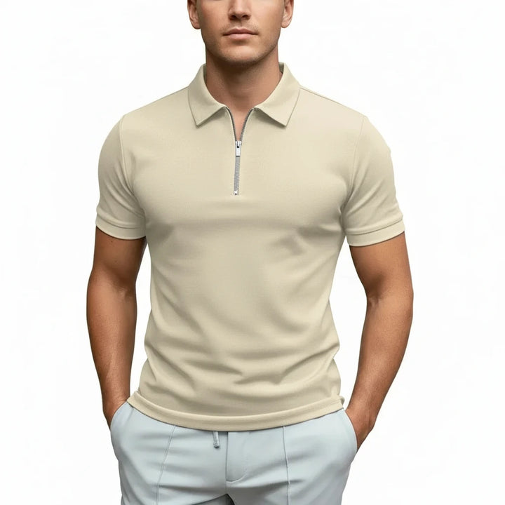 FALUVA Men's Fitted Zip Collar Short Sleeve Polo Shirt Beige