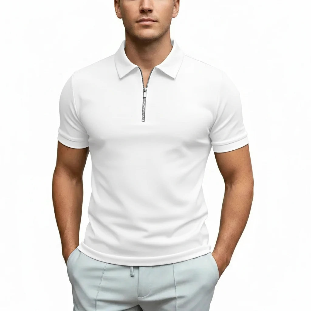 FALUVA Men's Fitted Zip Collar Short Sleeve Polo Shirt White