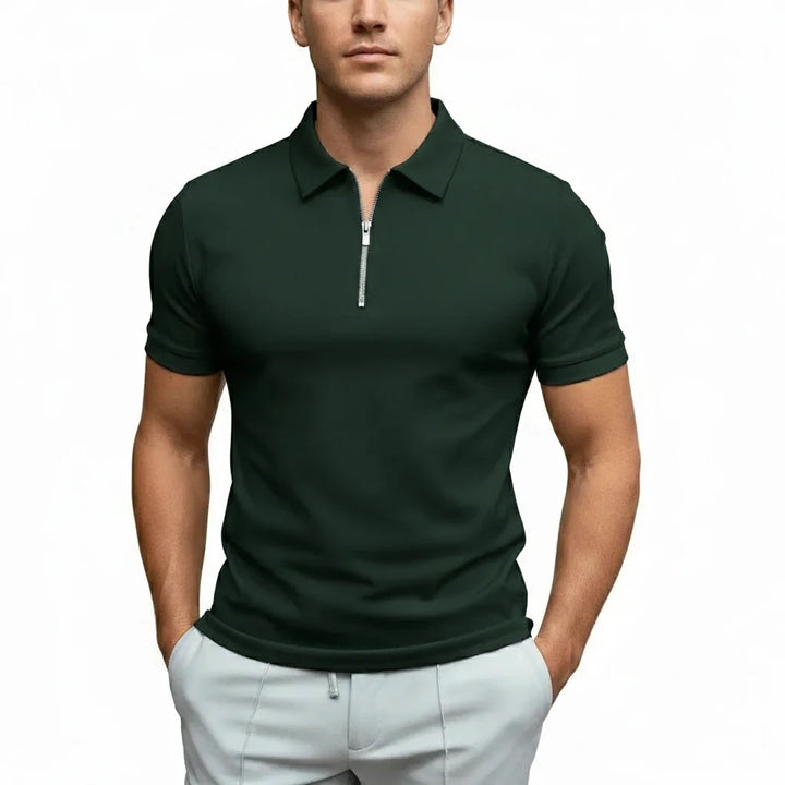 FALUVA Men's Fitted Zip Collar Short Sleeve Polo Shirt Green