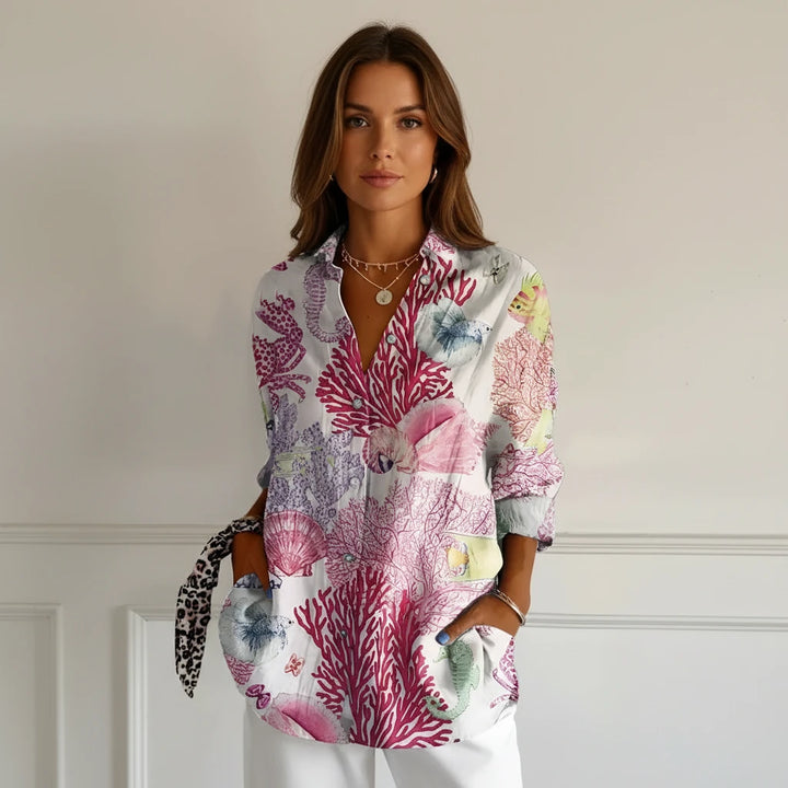 FALUVA Nara Women's Blouse Button Closure Pink Sea Creatures